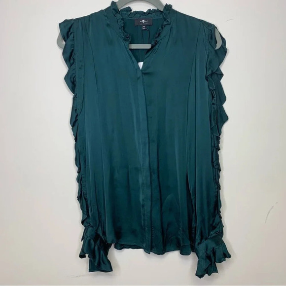7 For All Mankind Green Satiny Cold Shoulder Ruffle Button Front Blouse Size XS - Picture 2 of 12